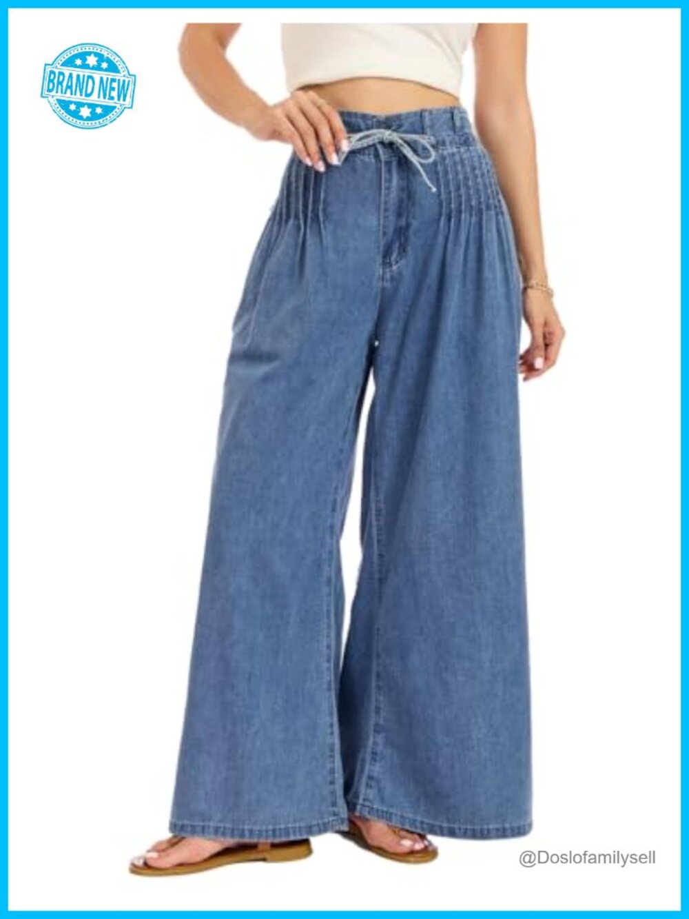 Women's Wide Leg Palazzo Jeans Drawstring High Rise Denim Pants